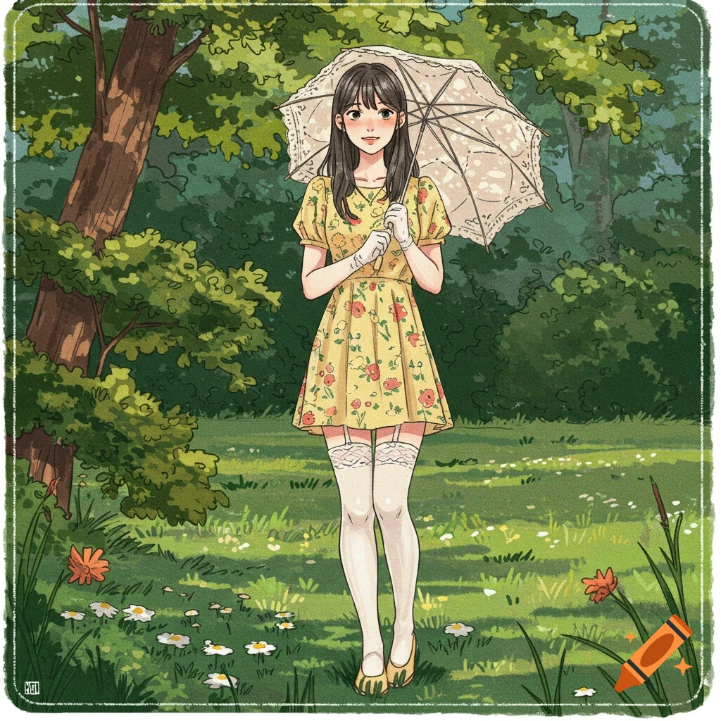 Anime illustration of a young woman in a yellow floral dress with a lace parasol and white thigh-high stockings in a field.