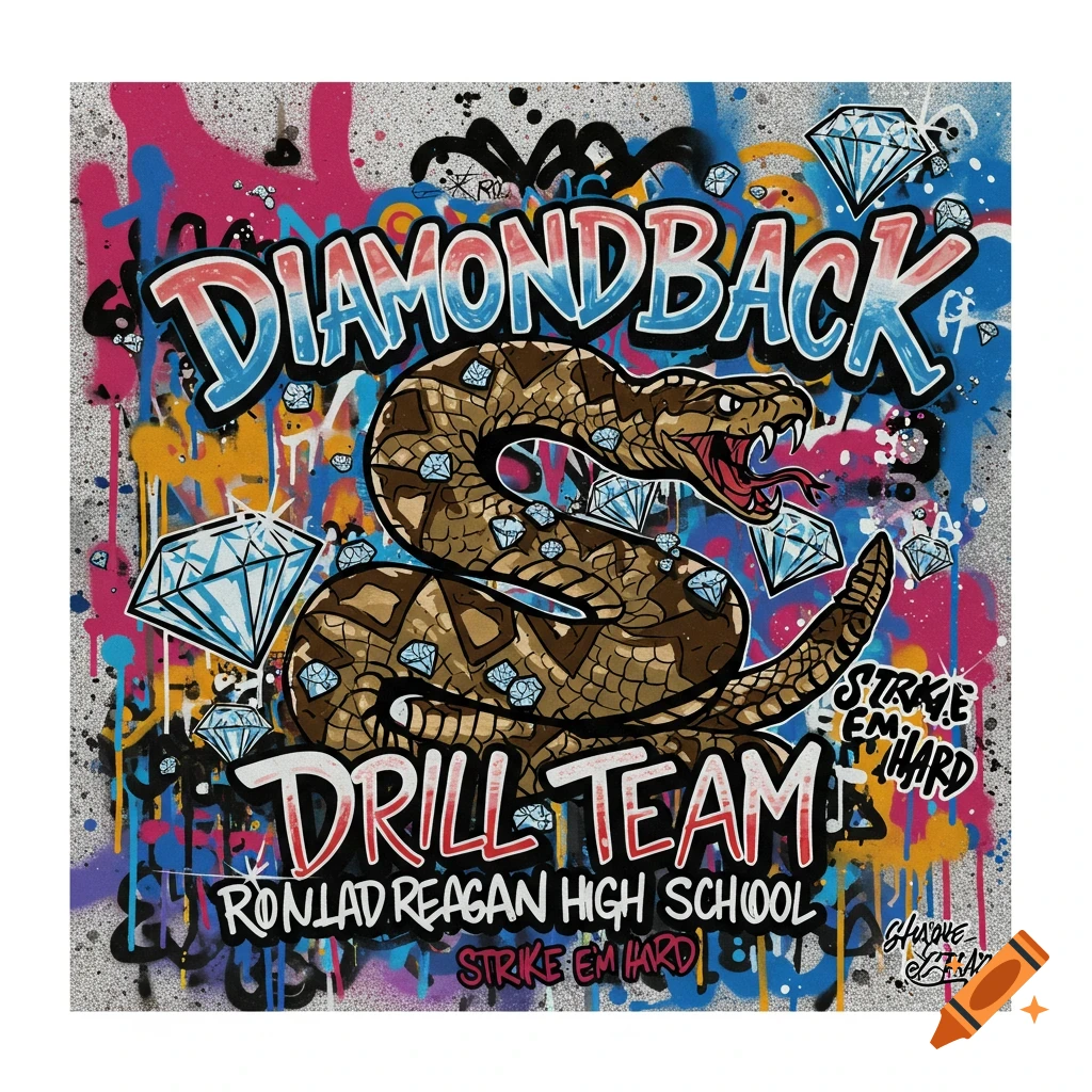 Graffiti art of a rattlesnake surrounded by diamonds and text.