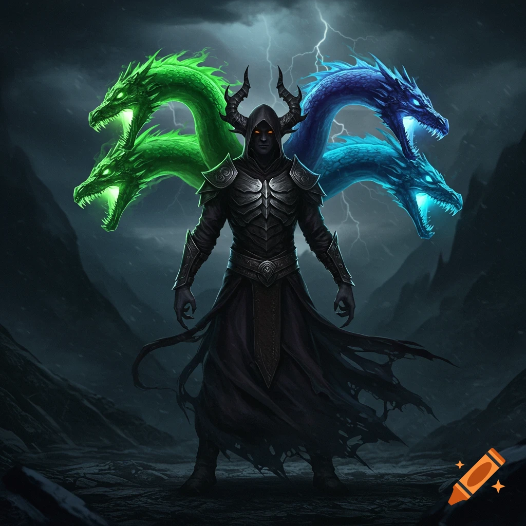 A dark fantasy illustration of a warlock with horns and a hooded robe standing in a stormy landscape, with four spectral dragon heads (two green, two blue) emanating from behind his shoulders.