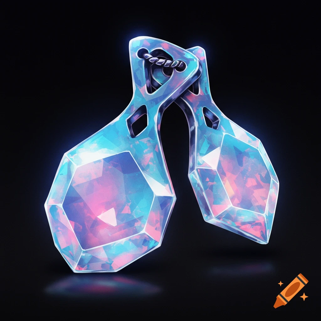 Glowing blue and pink faceted crystal objects on black background.
