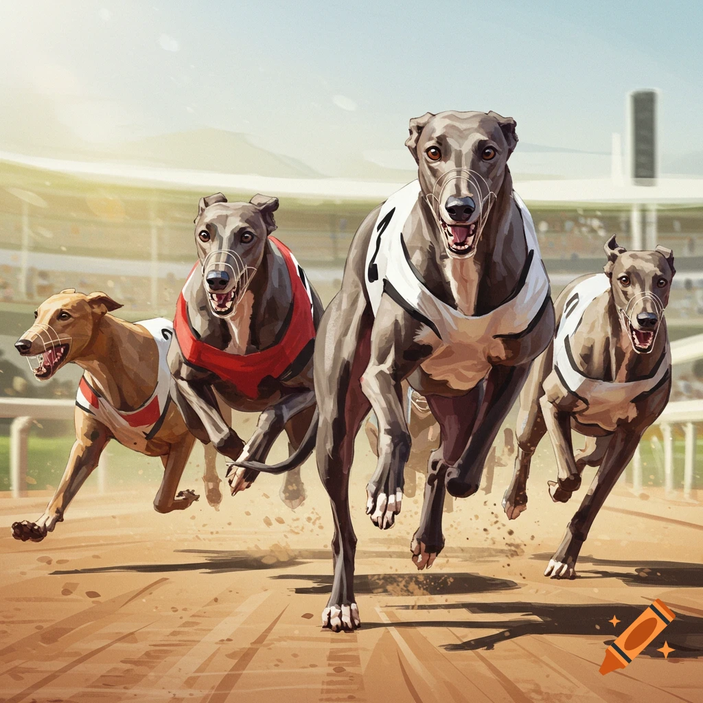 Greyhounds racing down a track, stadium in background.