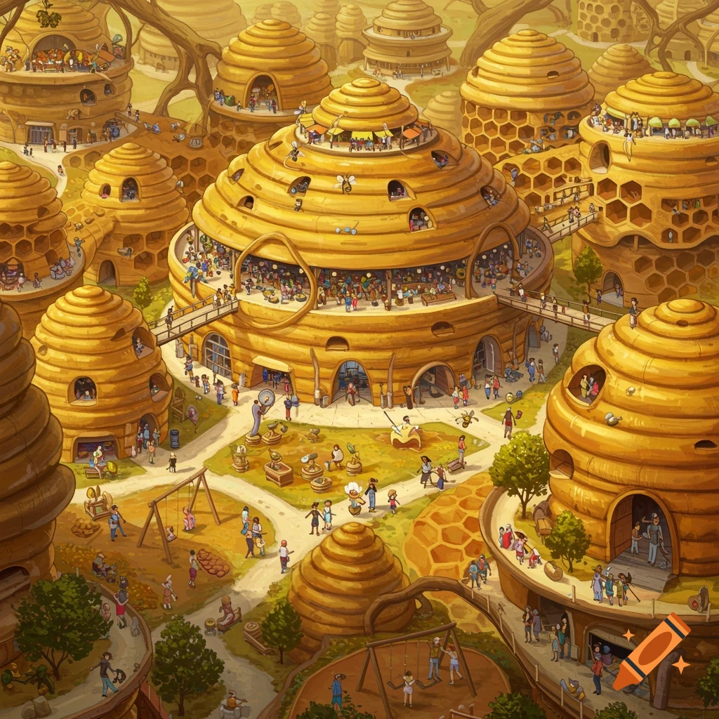 Whimsical scene of a vibrant community living in intricate beehive architecture with people, children, playgrounds, and bridges.