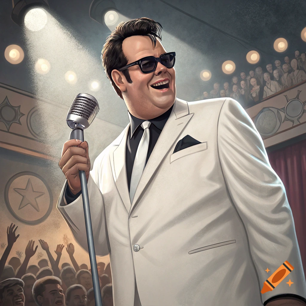 Illustration of a man in a white suit and sunglasses singing into a microphone on stage with a cheering crowd.
