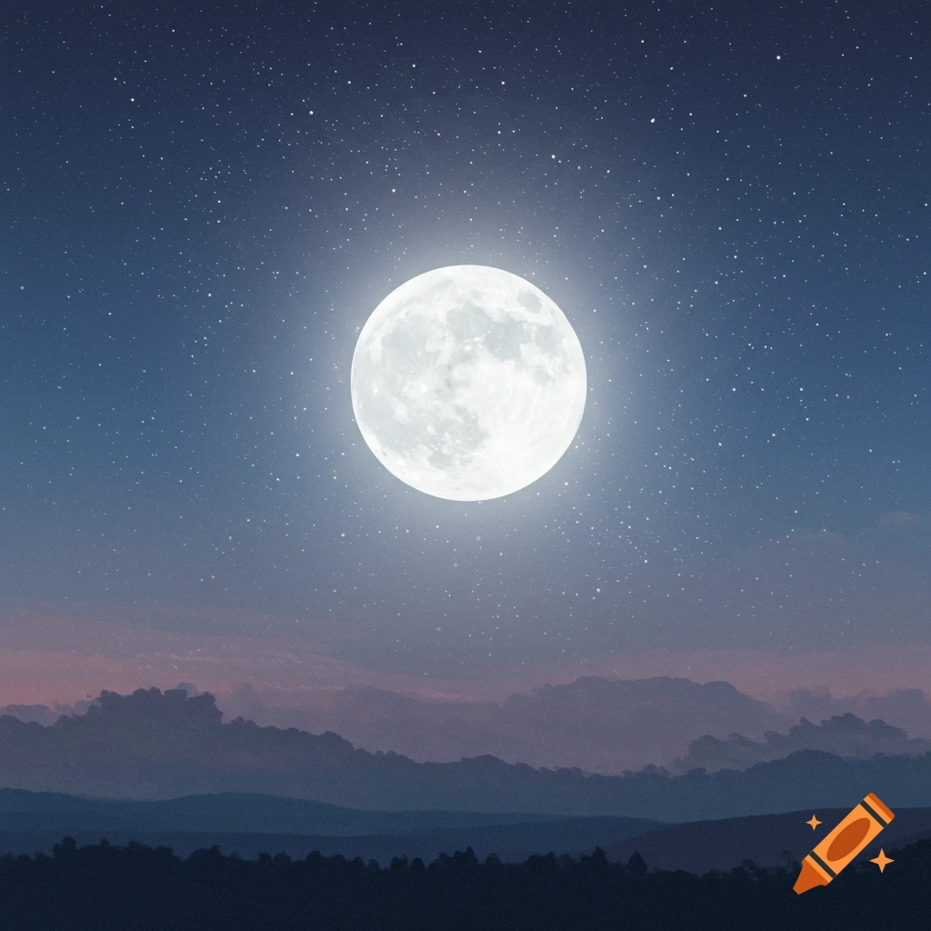 A large full moon illuminates a starry night sky above distant mountains and trees.