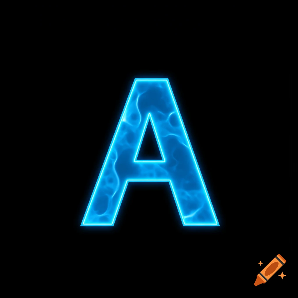 A glowing blue letter A on a black background