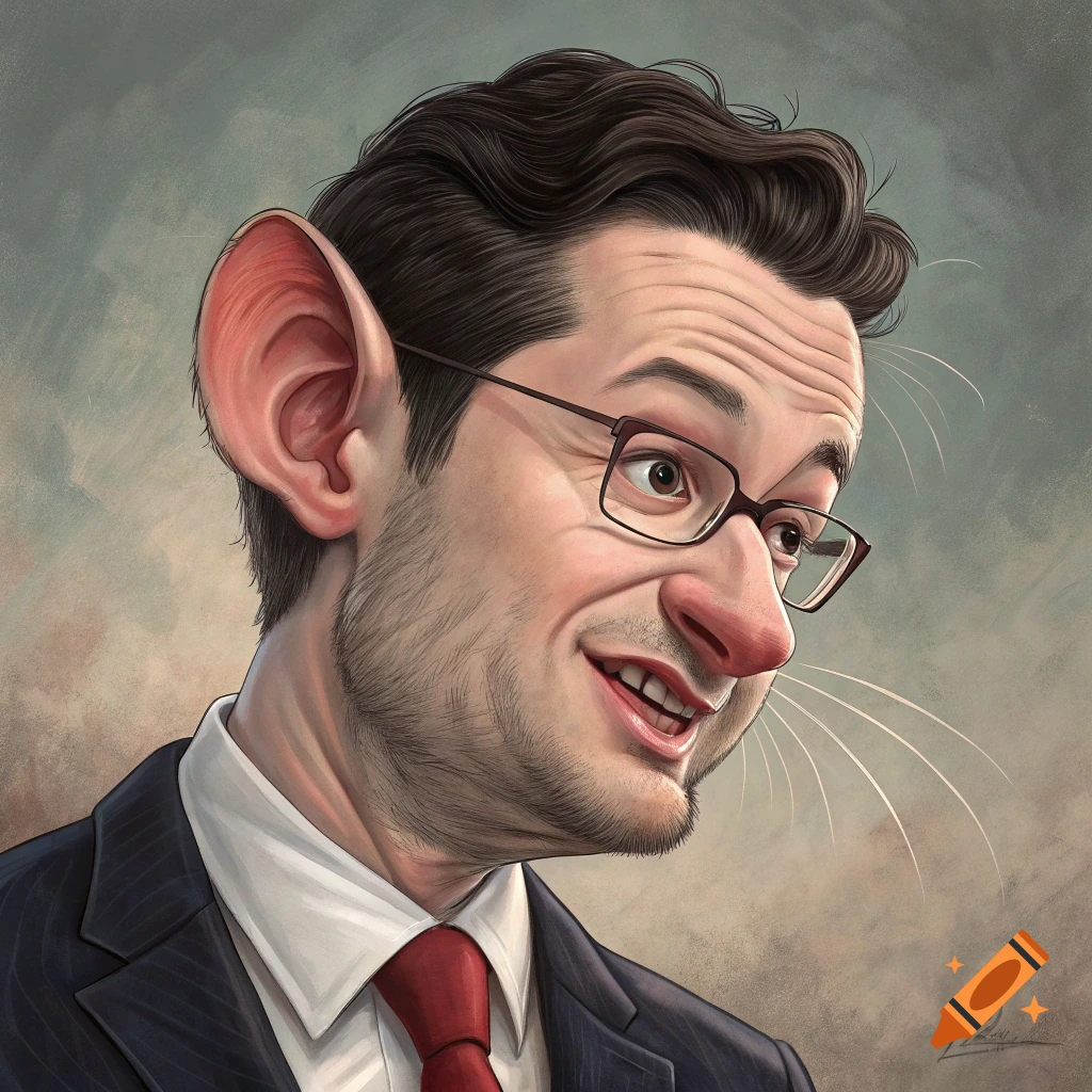 Painted caricature of a man with exaggerated features like large ears, nose, and whiskers, wearing glasses and a suit.