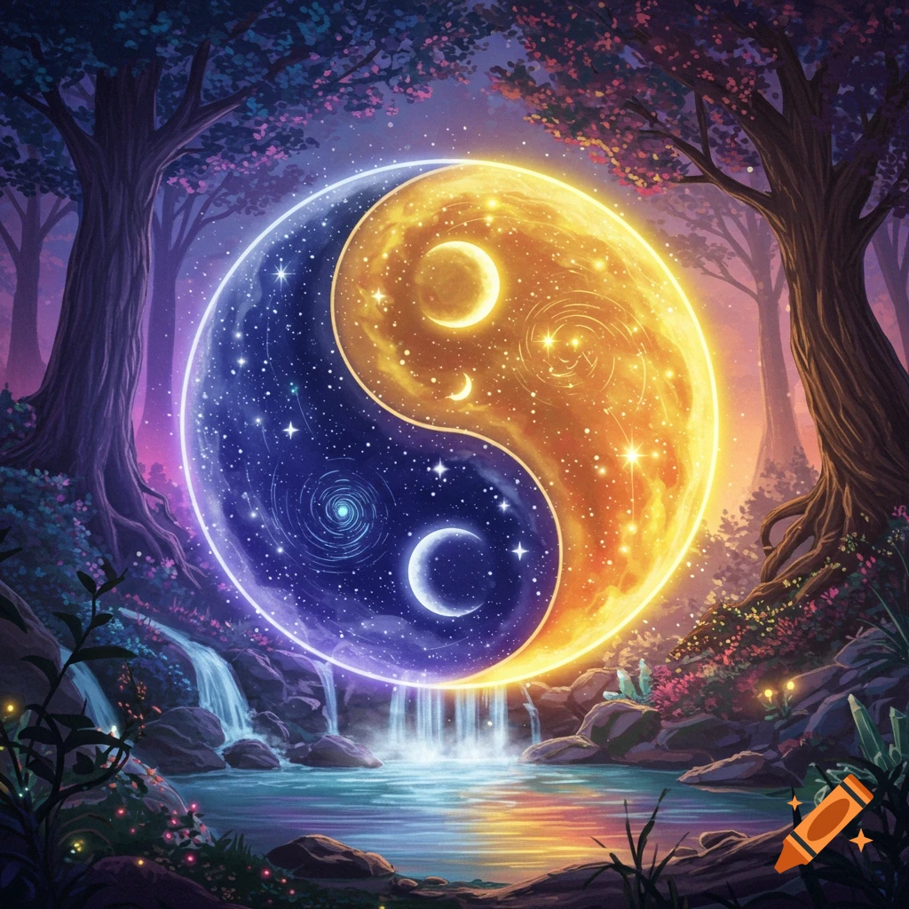 Fantasy of a glowing day and night Yin Yang symbol in a magical forest with a waterfall.
