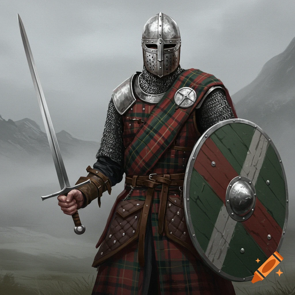 A Scottish knight in chainmail and armor holding a sword and shield, standing in a foggy landscape.