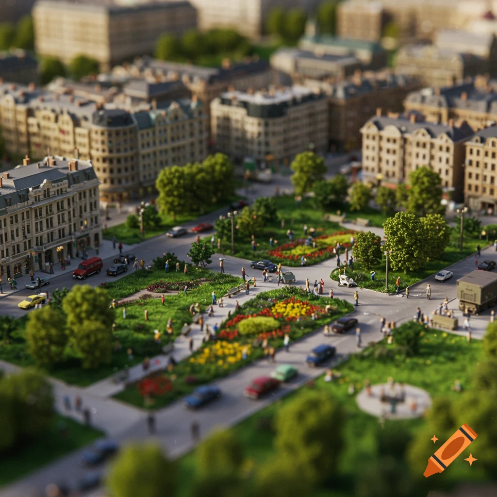 A miniature city scene with buildings, streets, cars, a park with flowers, and tiny people. The image uses a tilt-shift effect.