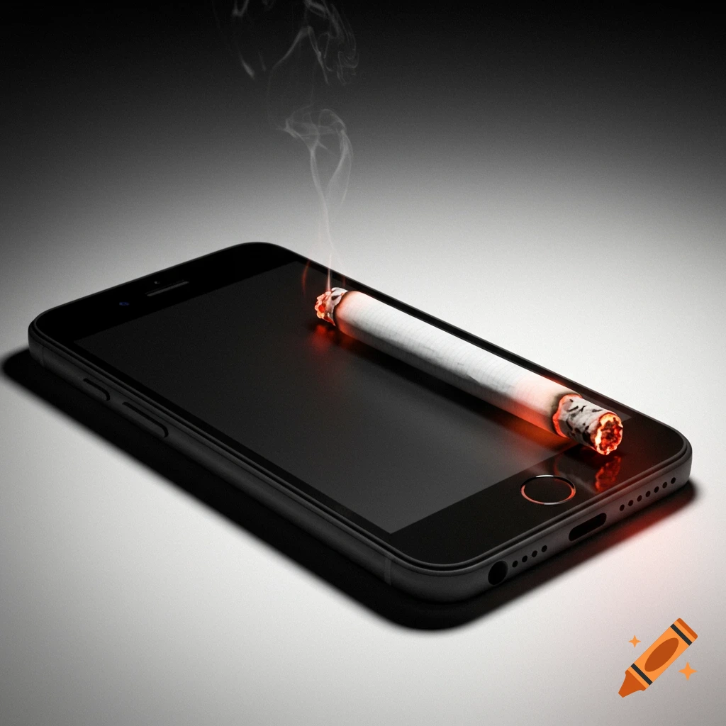 A lit cigarette lies horizontally on the screen of a black smartphone with smoke rising.