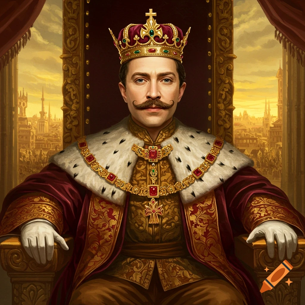 A king with a mustache wearing a crown and royal robes on a throne, with a cityscape background.