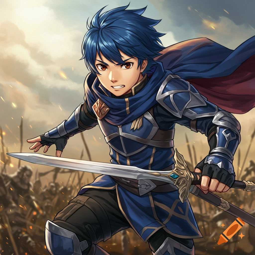 A blue-haired young man in blue armor holds a sword on a battlefield.