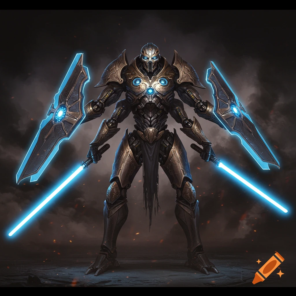 A four-armed robot in armor holds two blue lightsabers and two large shields.