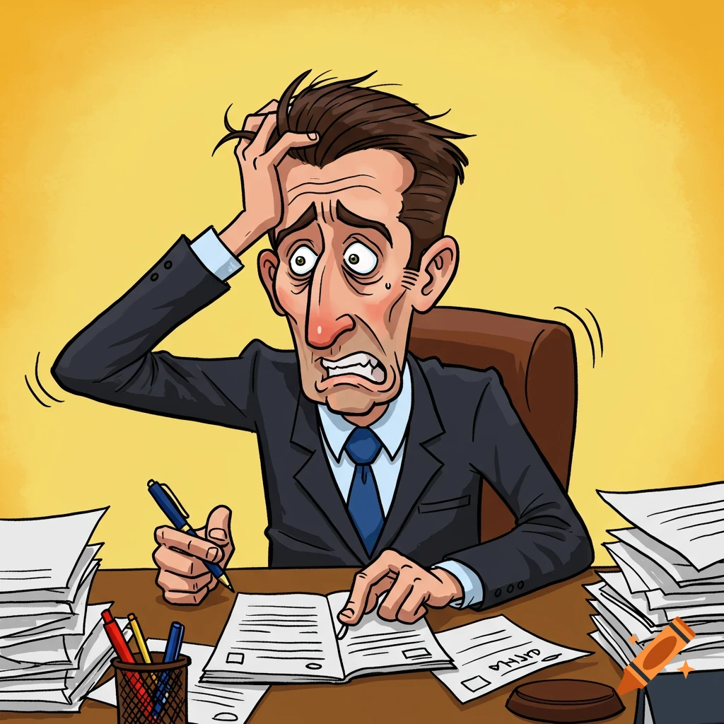 Cartoon illustration of a very stressed lawyer sitting at a desk overflowing with paperwork, holding his head.