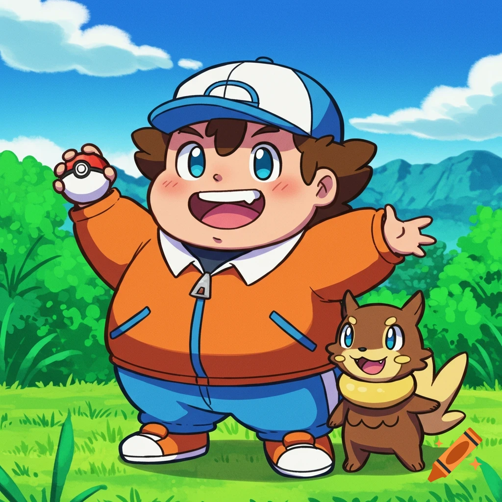 A chubby cartoon Pokémon trainer holds a Poké Ball next to a smiling Buizel in a grassy field.