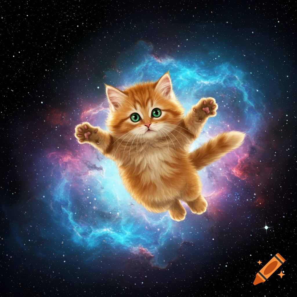 A fluffy orange kitten floats in space with a colorful nebula behind it.