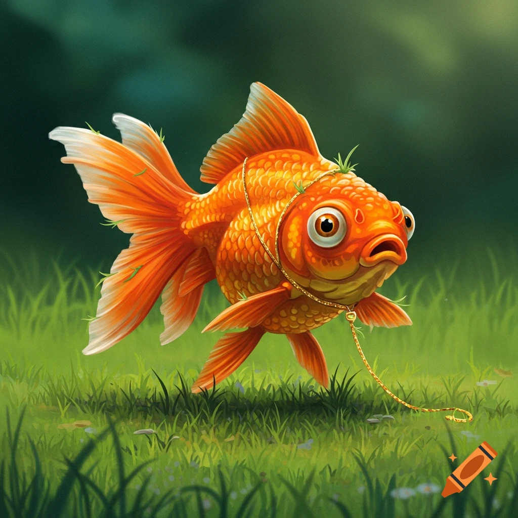 A goldfish walking on grass with a gold leash.