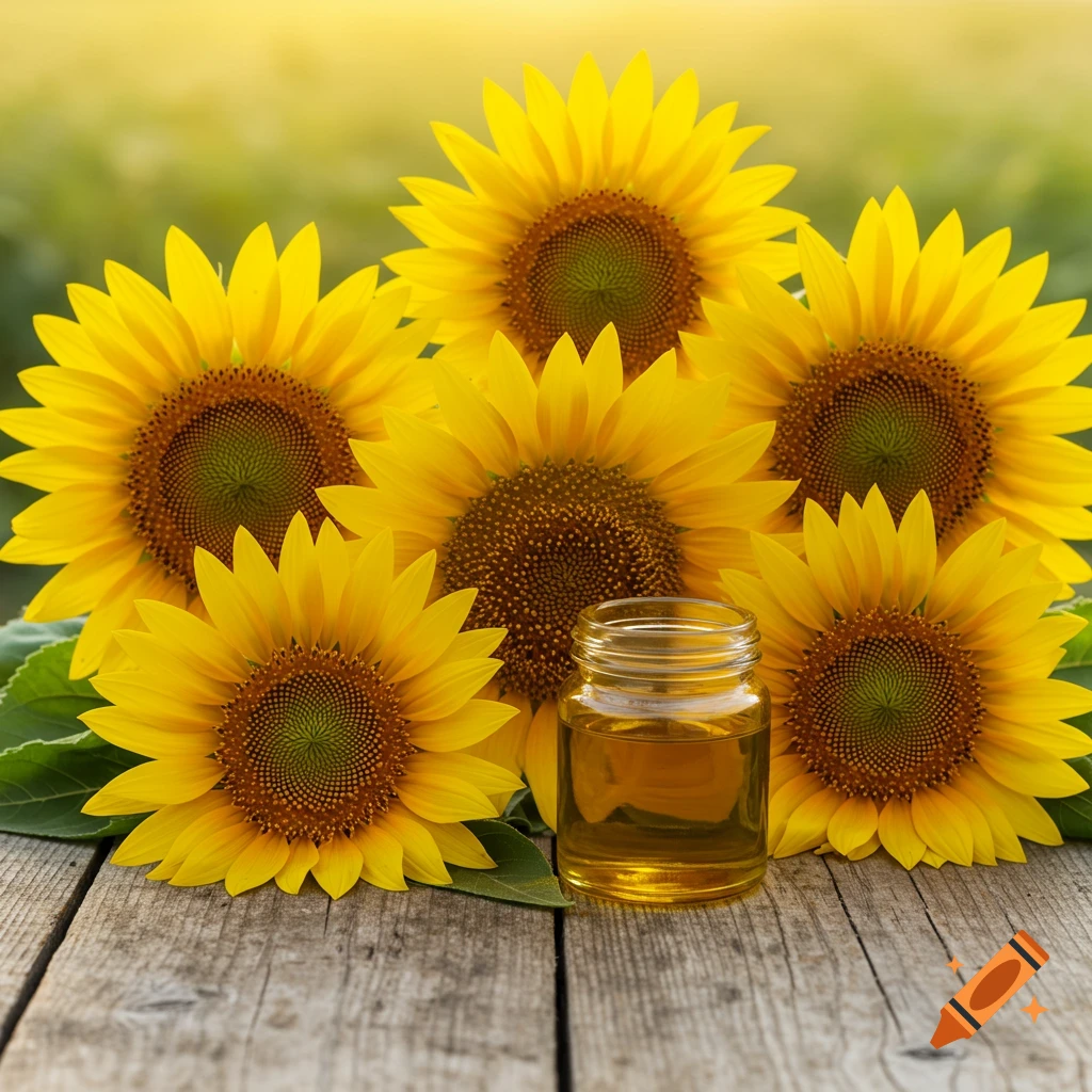 Sunflowers and a jar of oil on a wooden table