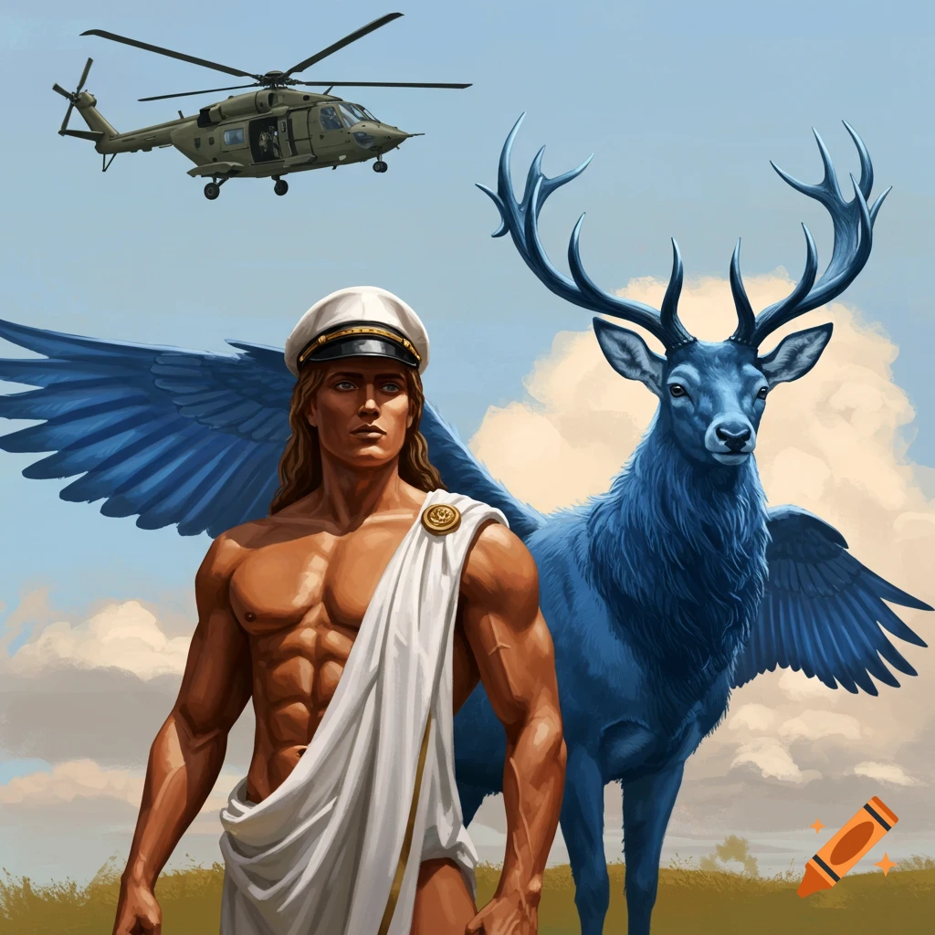 A winged man in a captain hat stands next to a blue winged stag, with a helicopter overhead.