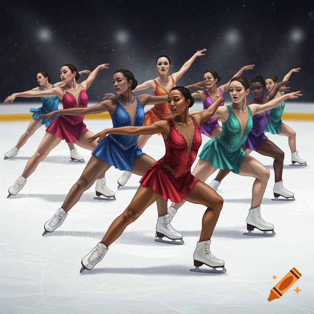 figure skaters performing in formation on an ice rink