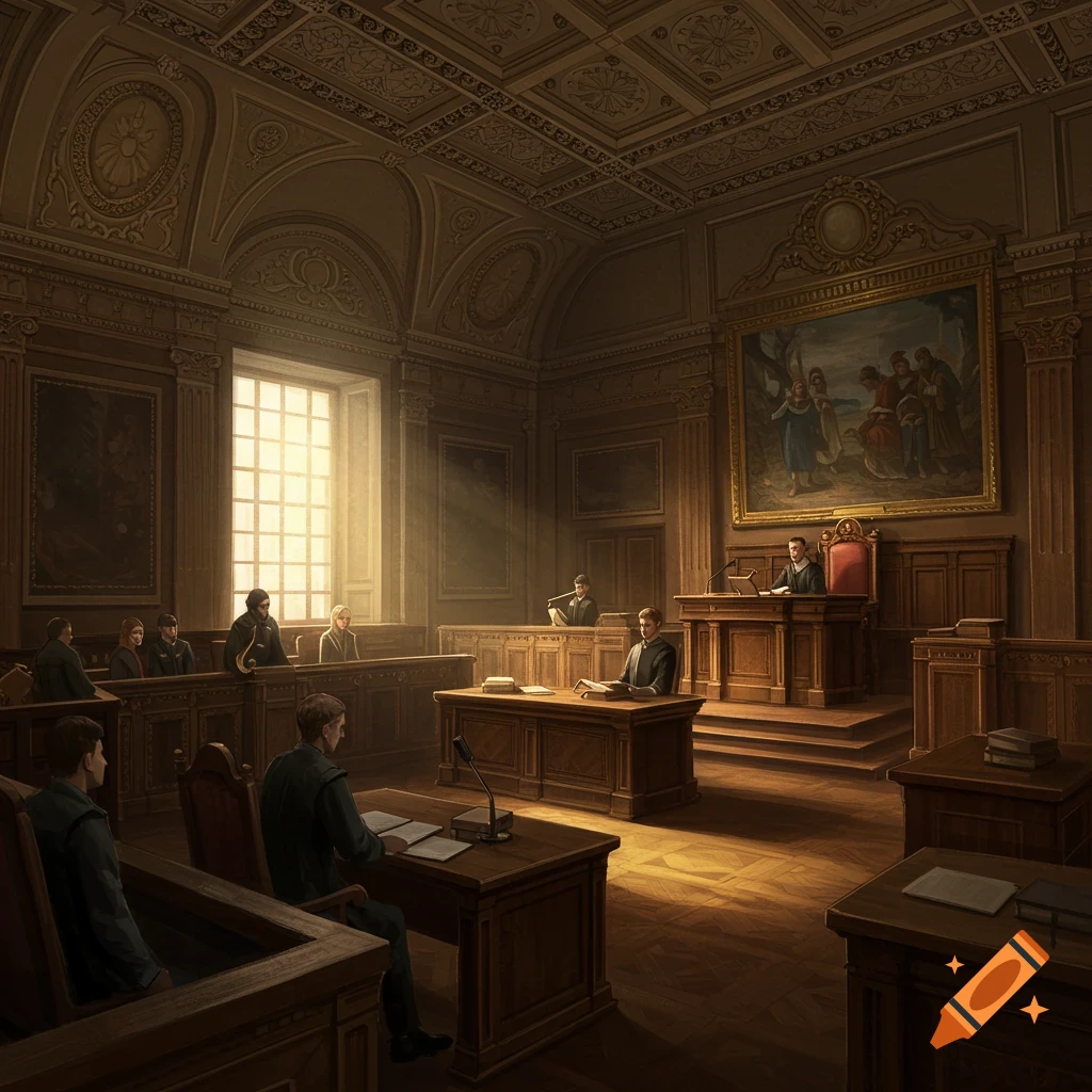 A courtroom scene with figures seated at desks and a judge on a raised platform.