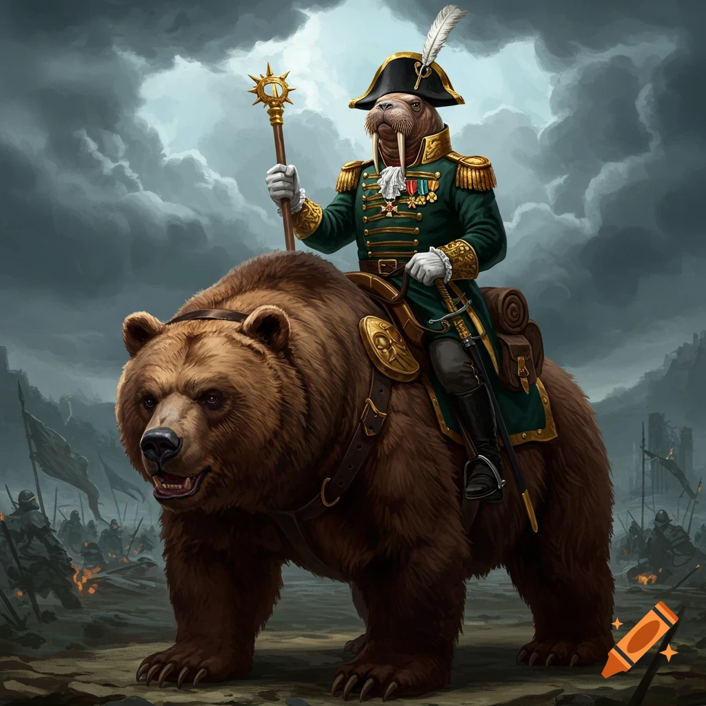 A walrus military general rides a bear through a battleground.