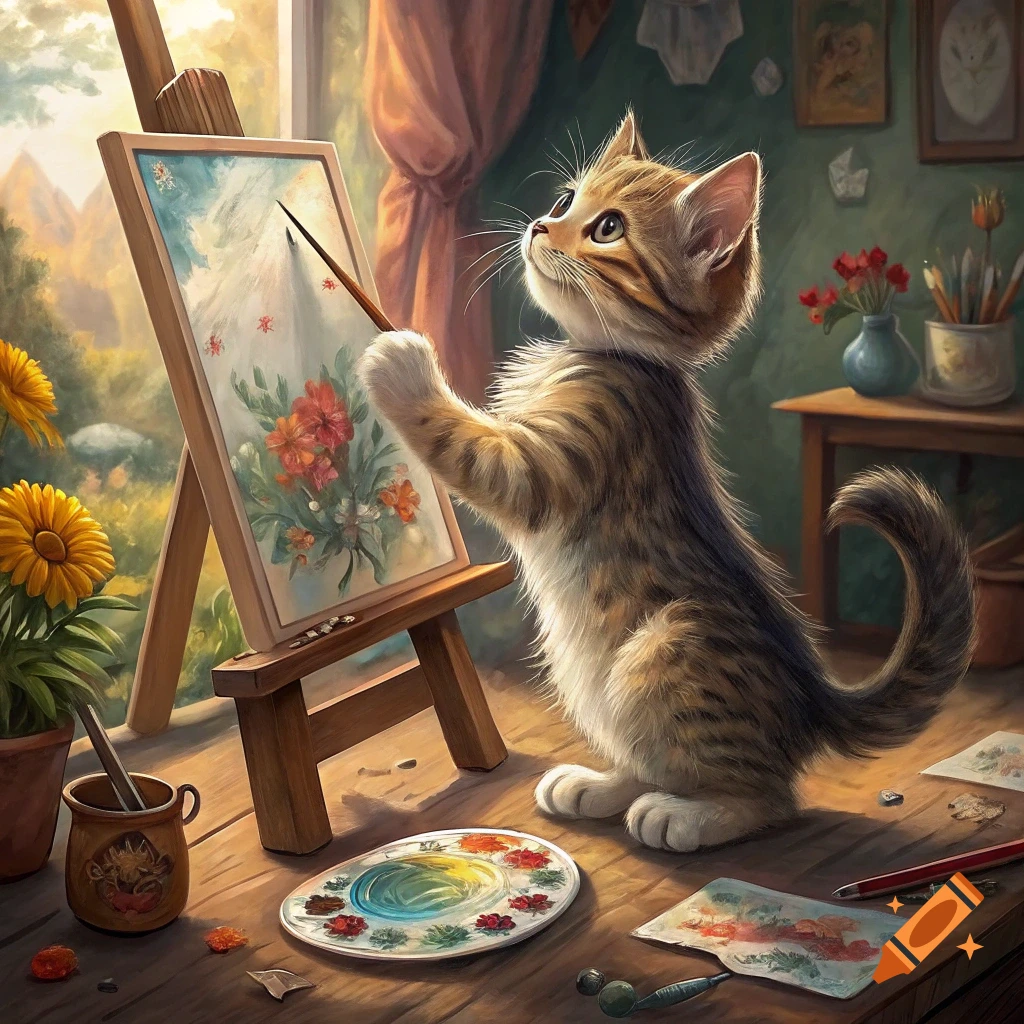 A cute kitten paints a flower picture on an easel near a window.