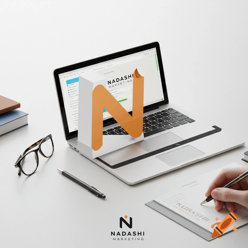 A desk scene with a laptop displaying a marketing logo, glasses, pen, and a hand writing on paper.