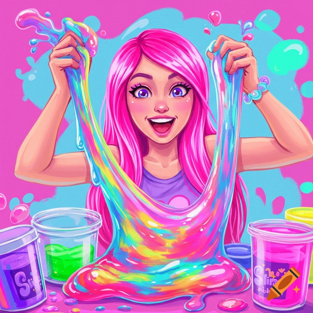 A girl with pink hair playing with colorful rainbow slime.