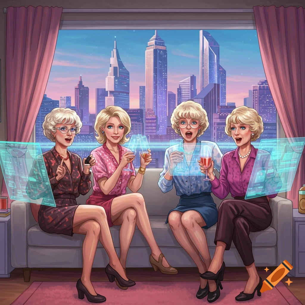 Four women resembling the Golden Girls are sitting on a couch, looking at holographic screens, with a futuristic city skyline backdrop.