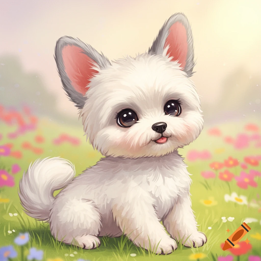 A cute white puppy with big eyes sits in a field of colorful flowers.