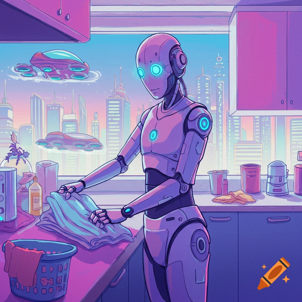 A robot is doing laundry in a futuristic kitchen overlooking a city.
