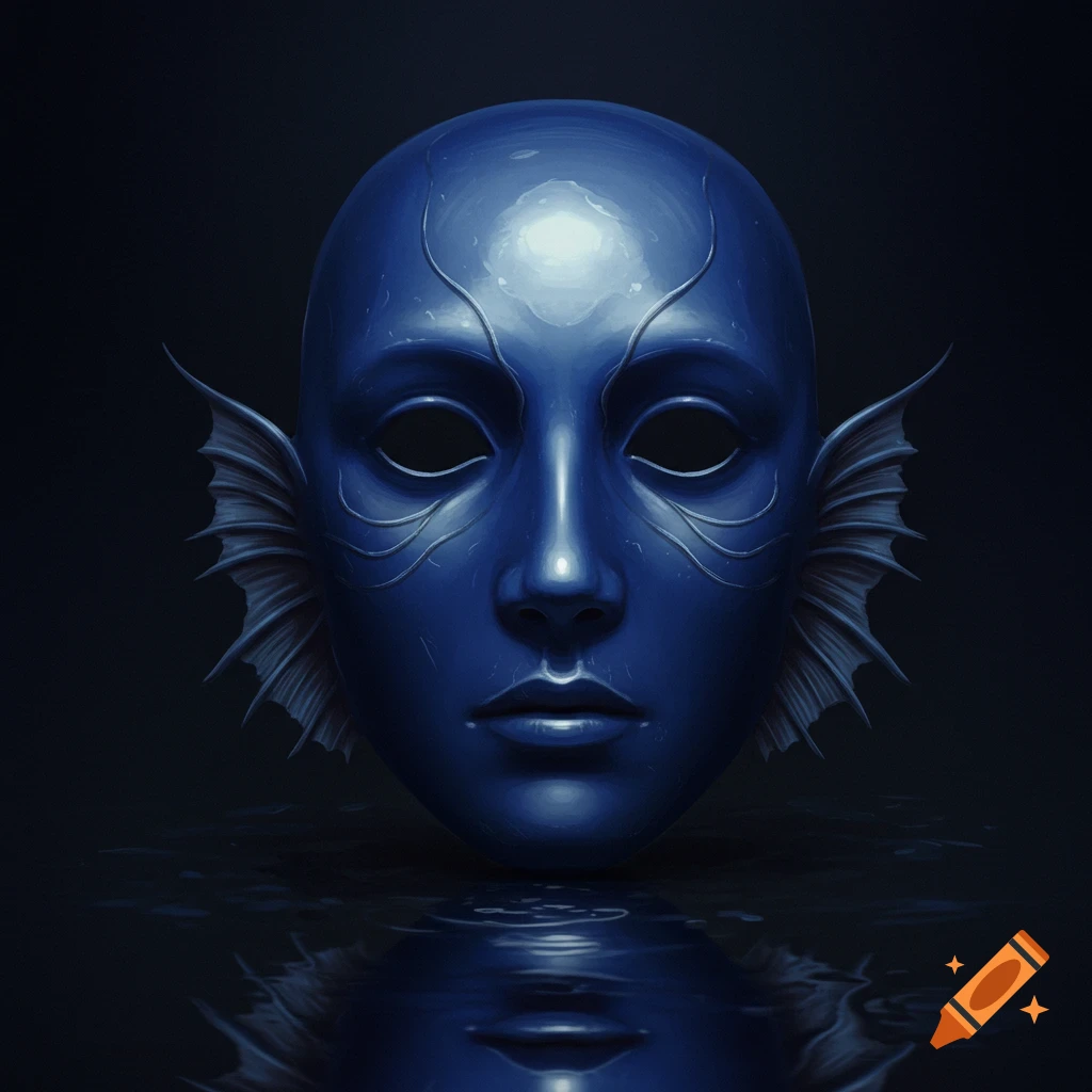 Eerie deep blue mask with fins reflected in dark water.