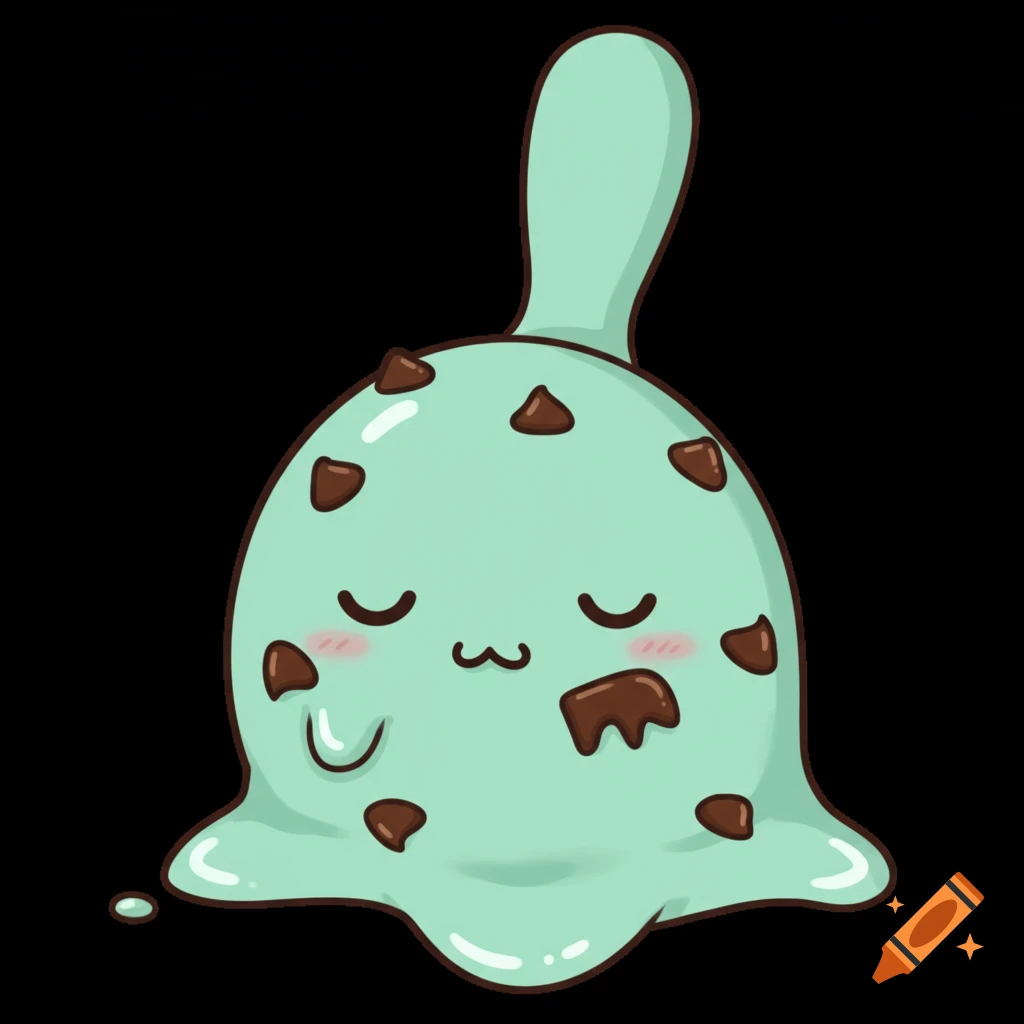 Cute cartoon melting mint chocolate chip ice cream scoop