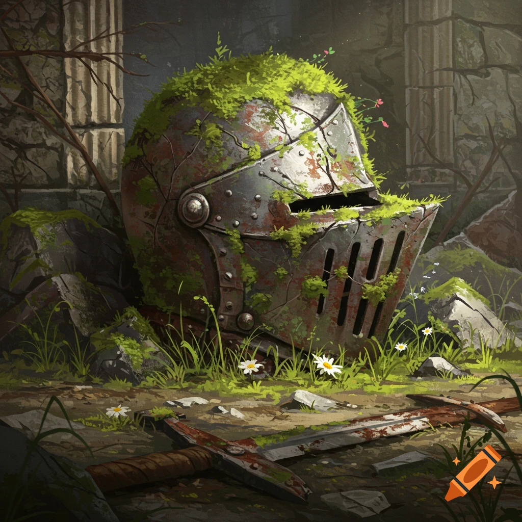 A rusted knight's helmet and sword overgrown with moss in ruins.