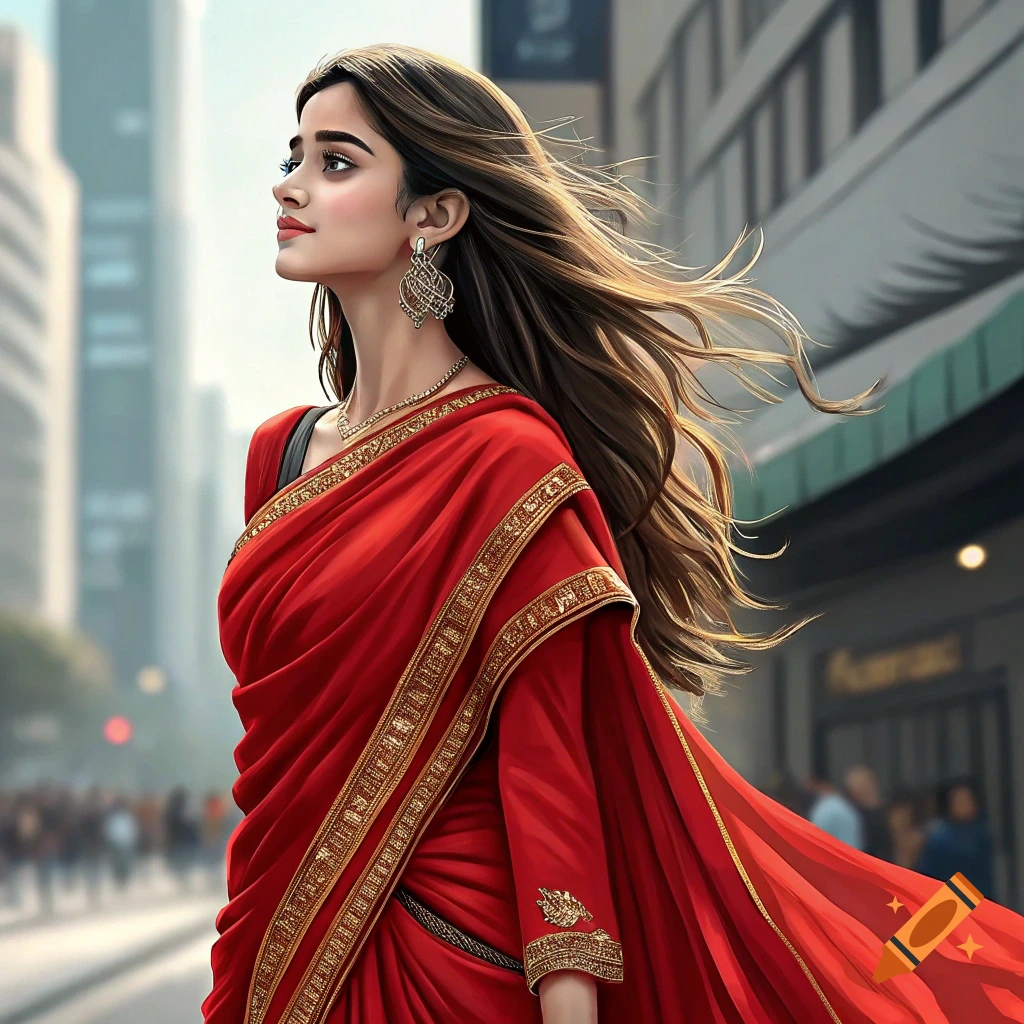 A woman in a red saree walks down a city street.