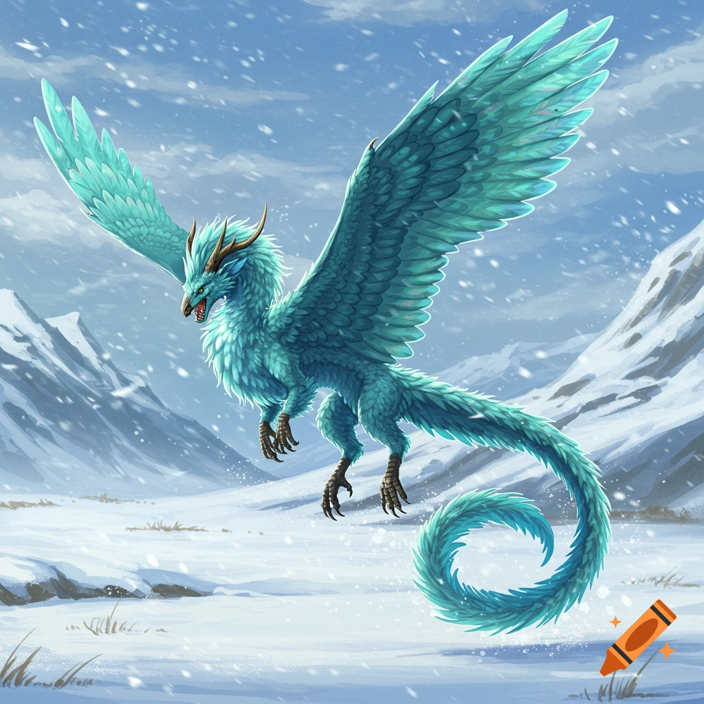 A feathered blue-green wyvern with large wings flies over a snowy mountain landscape.