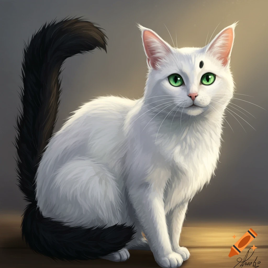 A white cat with a black tail and black spot on its head.