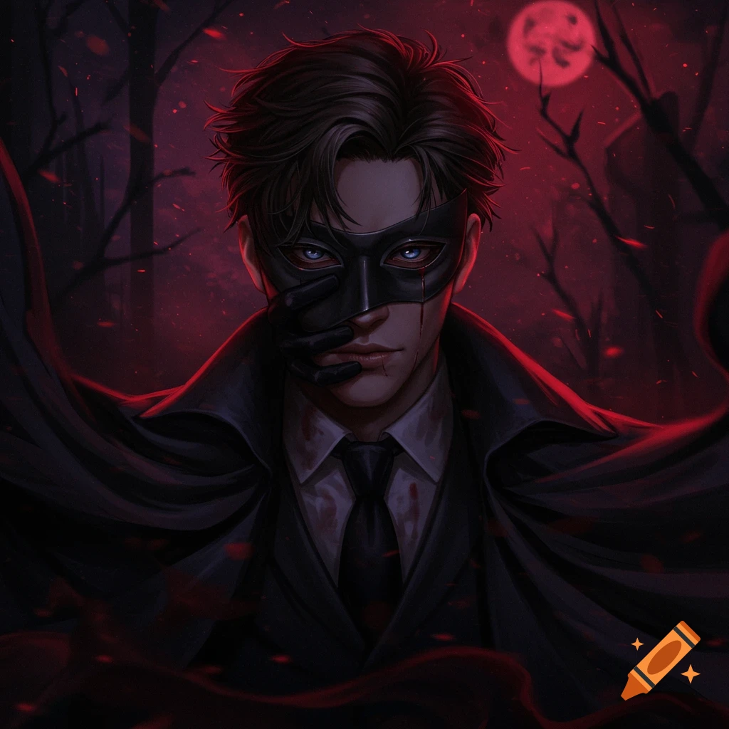 A masked man in a suit with bloodstains stands in a dark forest under a red moon.