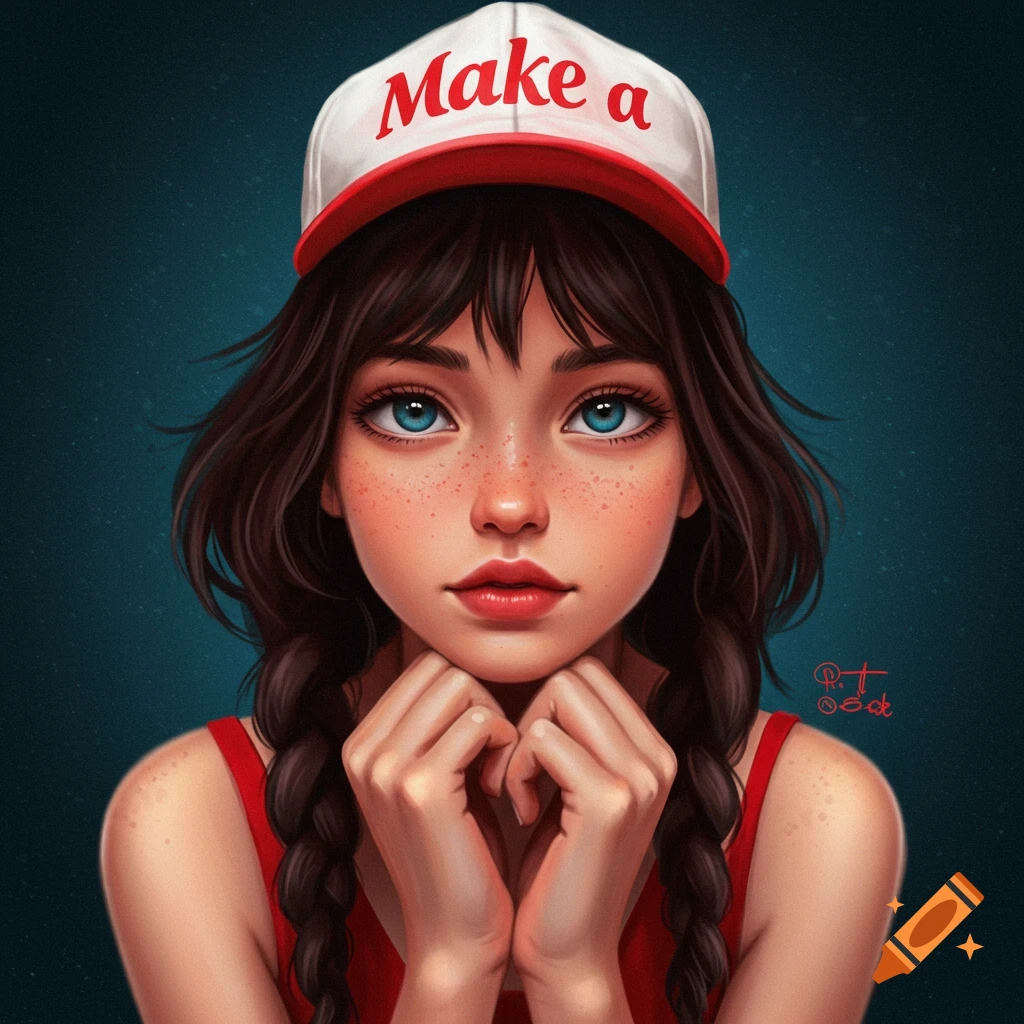 A girl with braids and freckles wearing a baseball cap that says "Make a".