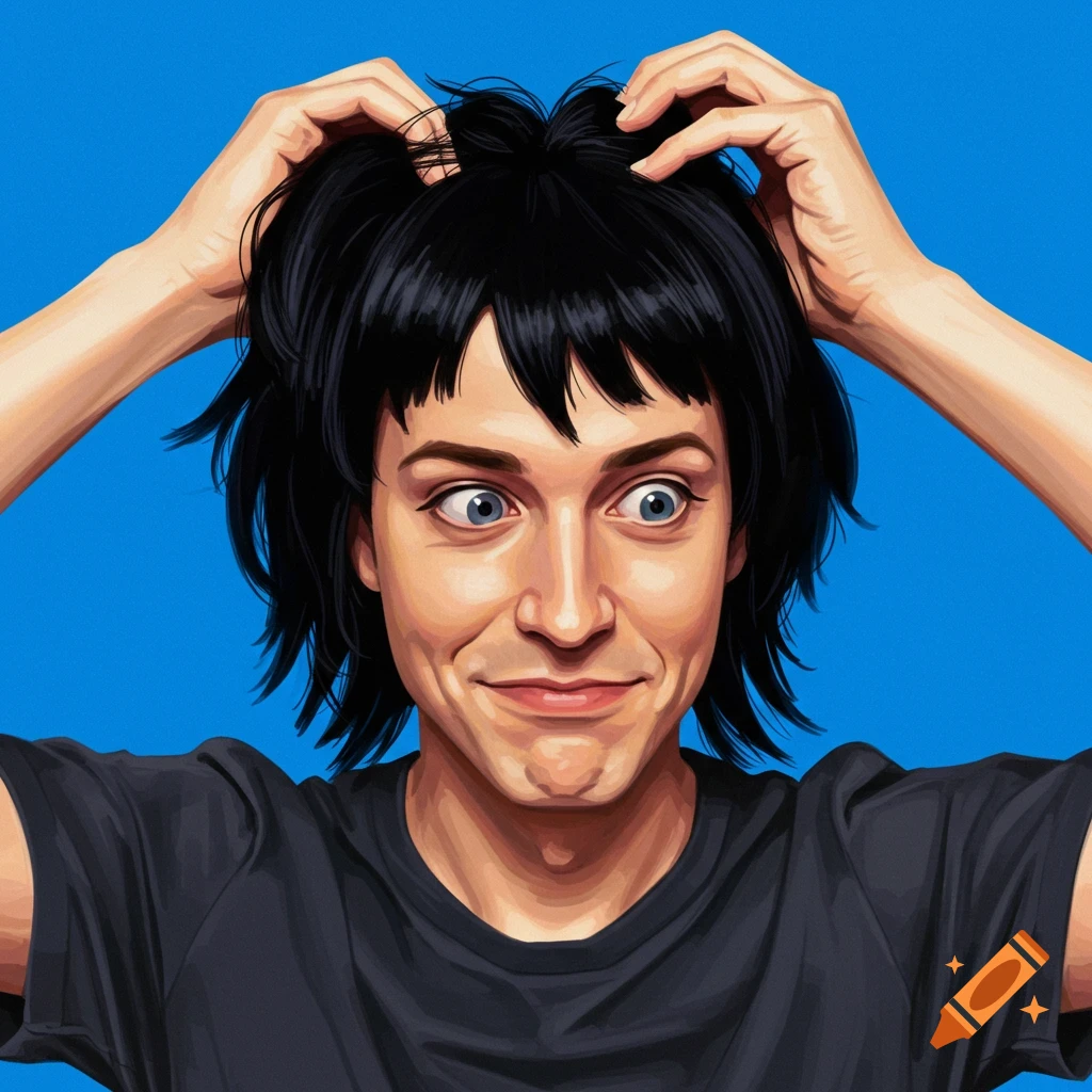 A person with dark hair is pulling their hair, against a blue background.