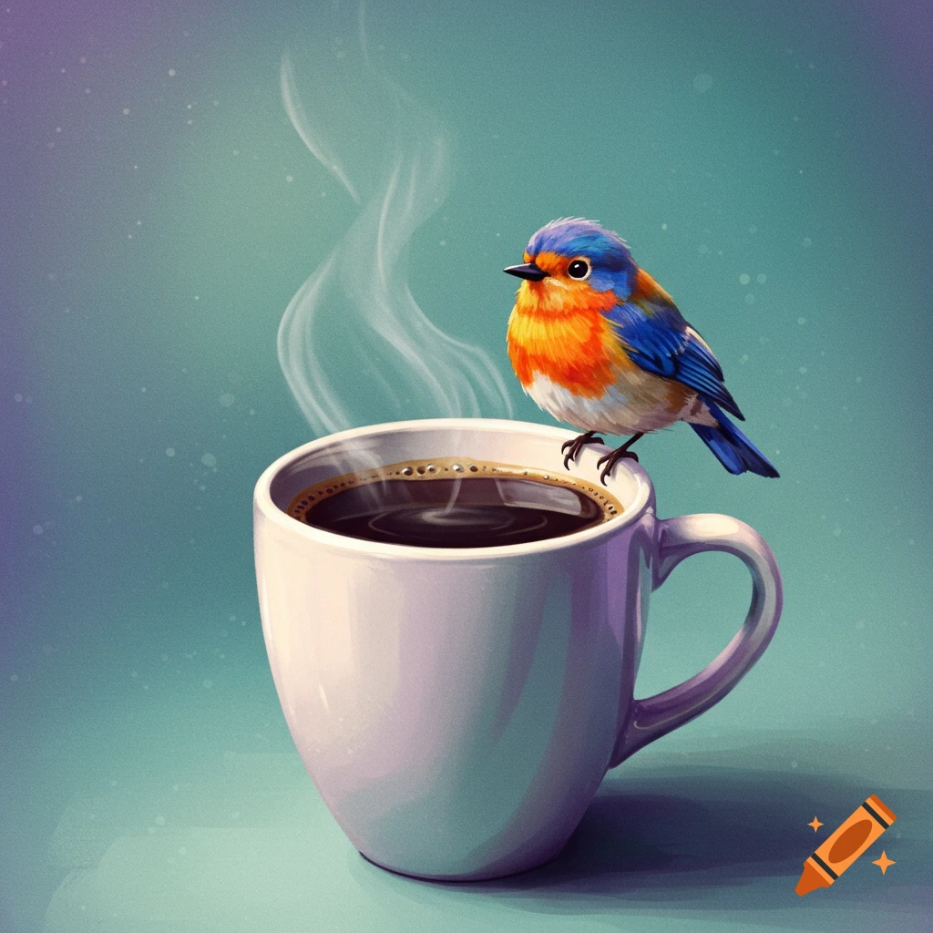 A vibrant image of a blue and orange bird perched on the rim of a steaming cup of coffee.