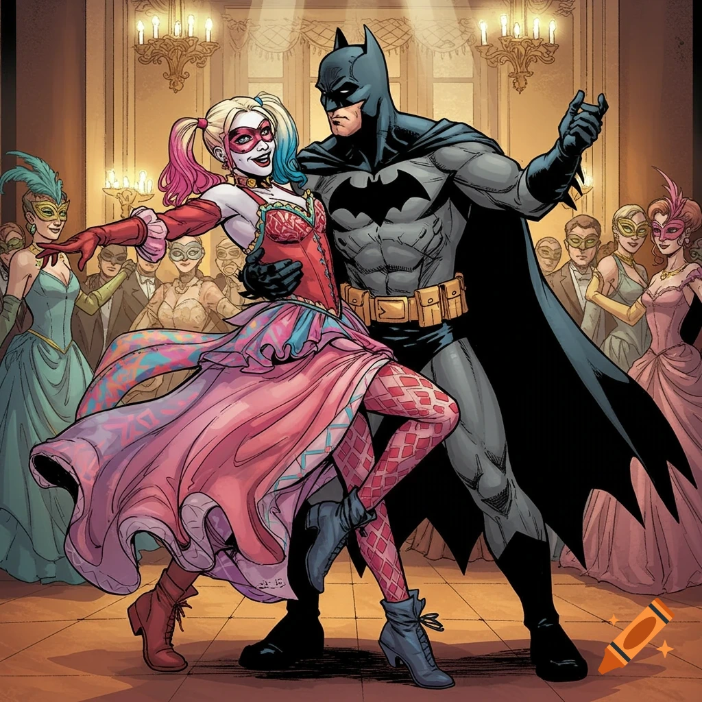 Batman and Harley Quinn dance at a masquerade ball.
