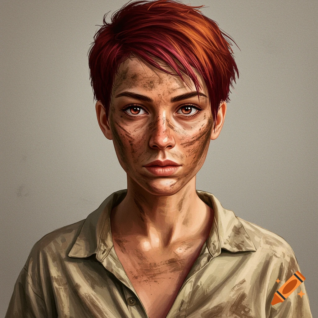A woman with short red hair and a dirty face