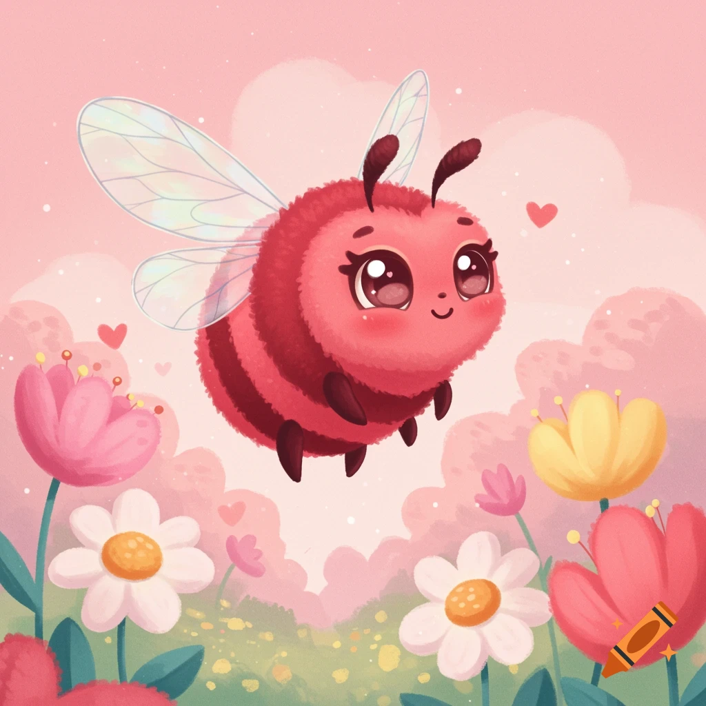 A cute cartoon red bee with large eyes flies in a pastel flower garden.