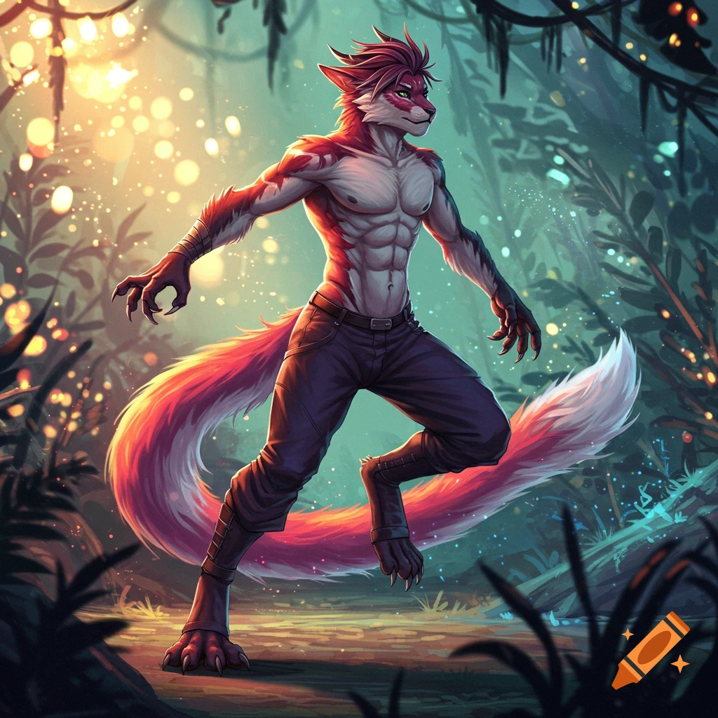 A muscular fox-like furry character standing in a mystical forest clearing.