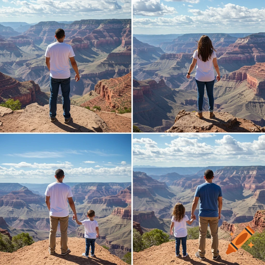Four photorealistic views of people looking at the Grand Canyon landscape.