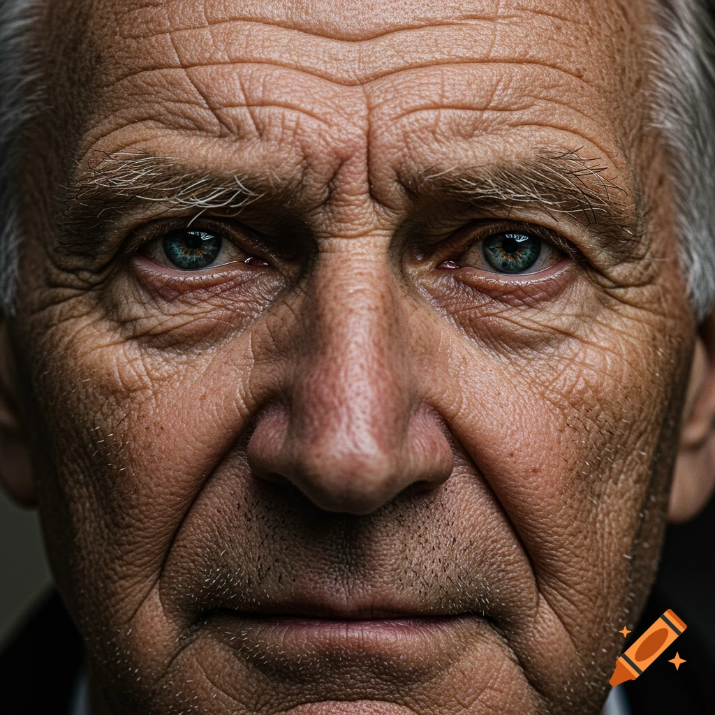Close-up portrait of an elderly man with blue eyes and deep wrinkles, photorealistic style.