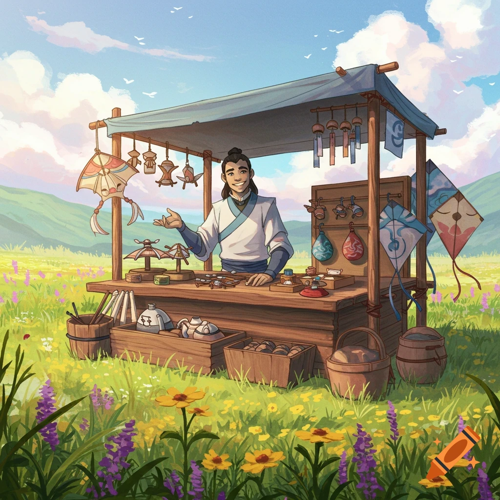 An animated-style image of a merchant selling goods at a stall in a flowery field.