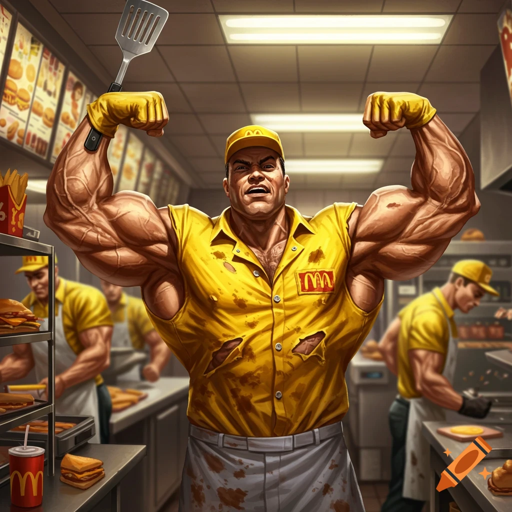 Extremely muscular fast food worker flexing in a restaurant kitchen.